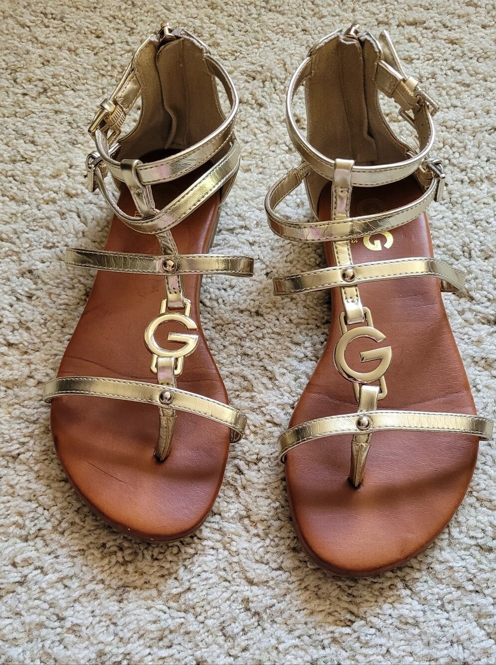 Gladiator Type Sandals Brown Footbed and Stunning  Metallic Gold